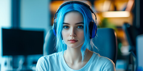 Portrait of young woman with blue hair listening to music with headphones in office