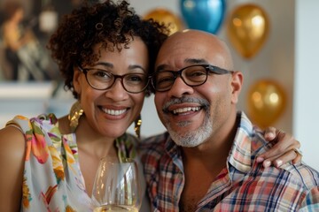 Portrait of a glad mixed race couple in their 40s celebrating birthday