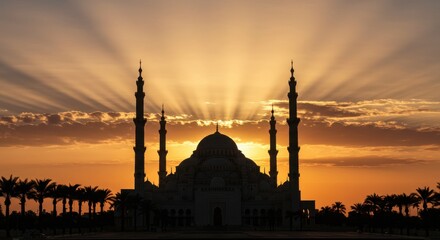 Obraz premium Majestic silhouette of a mosque at sunset with radiant beams and palm trees