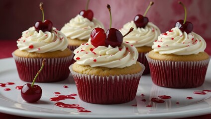 Cream cakes with cherries on a plate