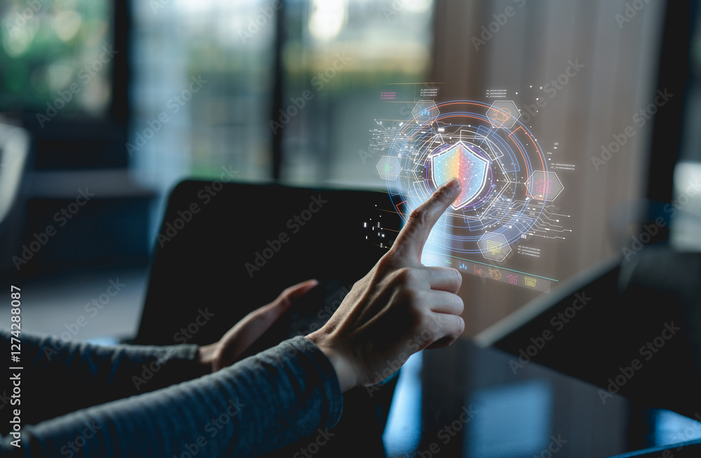 Poster a person interacts with a digital interface, showcasing advanced technology and holographic elements