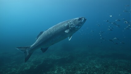Fototapeta premium Sleek sea bass swimming with smaller fish in clear ocean waters