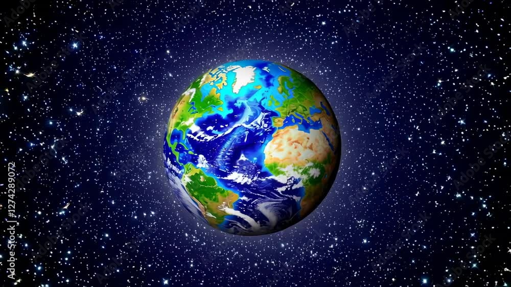 Poster earth rotating slowly amid starry expanse, revealing mesmerizing celestial panorama while spinning g