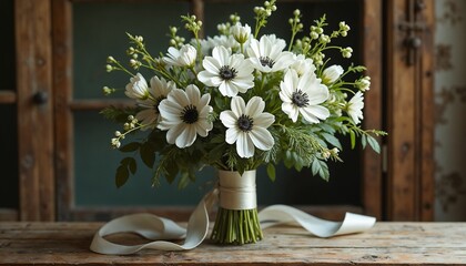 Beautiful bouquet of white anemones tied with ribbon on a rustic wooden table