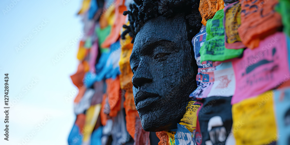 Poster three-dimensional printed face sculpture with multicolored fabric background