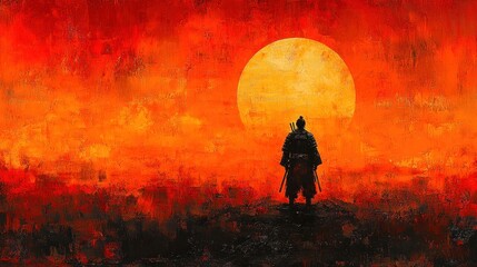 Fototapeta premium Samurai Silhouette Against a Fiery Sunset