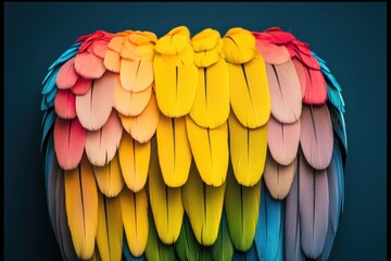 Obraz premium A vibrant, colorful arrangement of layered shapes resembling feathers, showcasing a gradient of hues from yellow to red against a dark background.