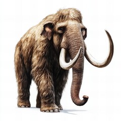 Obraz premium A detailed illustration of a walking woolly mammoth isolated on white, showcasing its thick fur and large tusks. Ideal for educational and historical content.