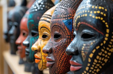 Fototapeta premium A row of African masks, each with unique designs and colors, displayed in an art gallery or market stall.