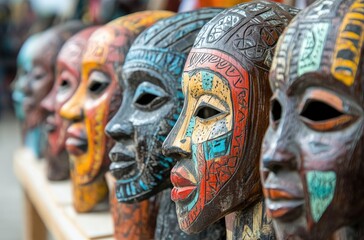 Fototapeta premium A row of African masks, each with unique designs and colors, displayed in an art gallery or market stall.