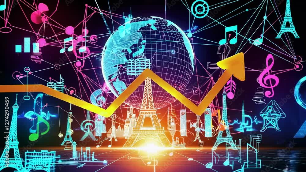 Poster global music industry growth visualization displaying upward trending graph rotating over glowing wo