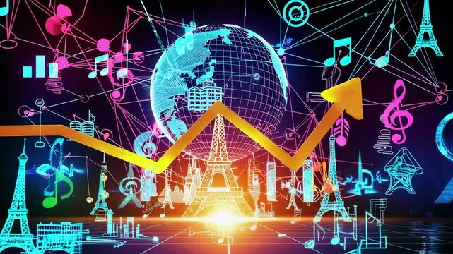 Global music industry growth visualization displaying upward trending graph rotating over glowing world map, musical notes, and parisian landmarks in vibrant slow motion colors