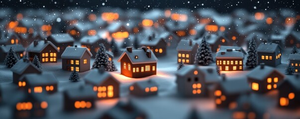 Obraz premium A serene winter village scene with snow-covered houses, glowing warm lights, and evergreen trees, creating a cozy holiday ambiance.