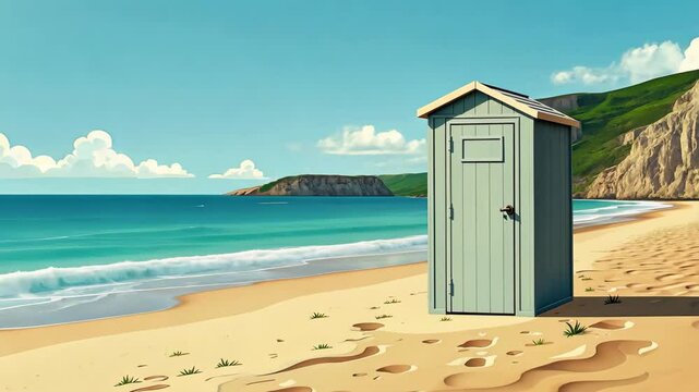 A small wooden hut is on the beach. The hut is empty
