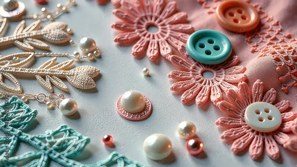 Poster A white table with a pink and blue button and a white button. There are also some beads and pearls on the table