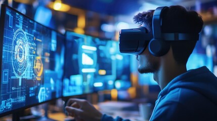 Man in VR Headset Uses Computer with Blue Interface