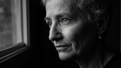 Elderly woman looking sad through window in black and white