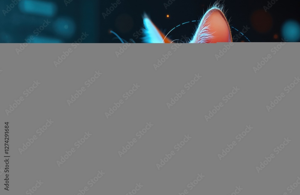 Poster red cat portrait on tech background. future technology, hologram elements, gui interface. science fi