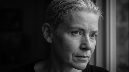 Obraz premium Elderly woman looking sad through window in black and white