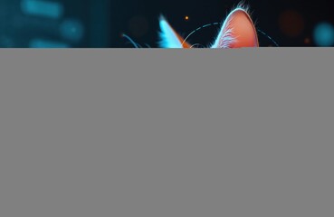 Red cat portrait on tech background. Future technology, hologram elements, GUI interface. Science fiction, sci-fi design for banner. Cute, funny pet, digital cyberspace innovation concept. Global
