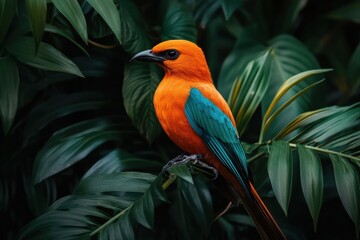 Fototapeta premium A vibrant orange bird with turquoise accents perches among lush green foliage, showcasing its striking colors and natural habitat.