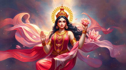 Goddess Lakshmi in red sari is surrounded by flowing fabrics and divine aura of prosperity. She holds pink lotus flower in one hand and gives a blessing with another