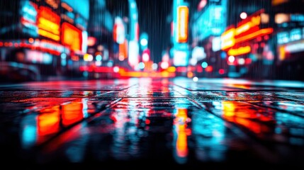 A vibrant, rain-soaked street scene illuminated by neon lights at night, creating a dynamic and atmospheric urban landscape.