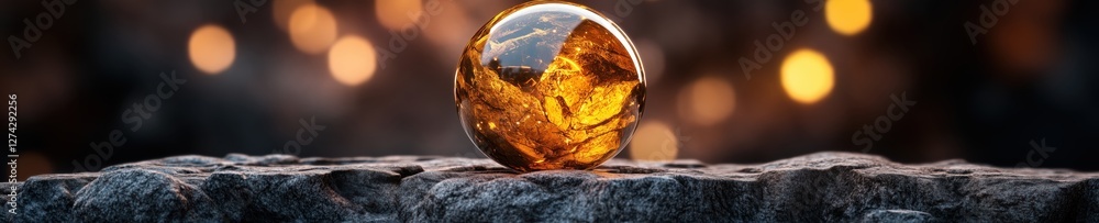 Poster Crystal sphere resting on a rocky surface illuminated by soft, warm light highlighting intricate patterns in its design