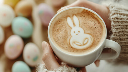 Easter-themed coffee latte art with bunny shape on frothy milk, cozy background