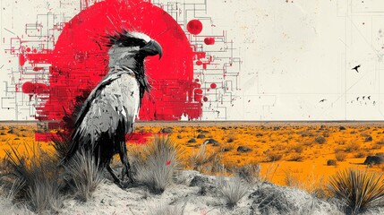 Majestic eagle stands on rocky terrain against a vibrant sunset in a vast desert landscape