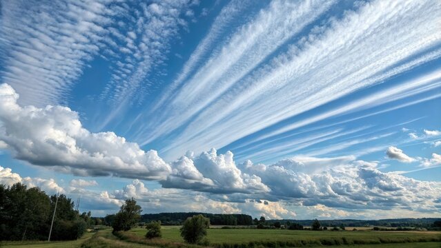 Cumulonimbus clouds stretch across the sky with a vibrant blue and white striped effect, cumulus clouds, rolled up clouds, puffy cloud shapes