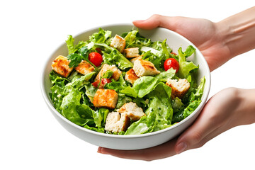 Hand holding bowl of Caesar salad Isolated on white background.