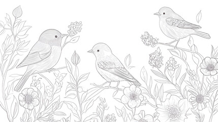 Fototapeta premium Three birds in a serene mood sitting among flowers and plants in sketch style on a white background