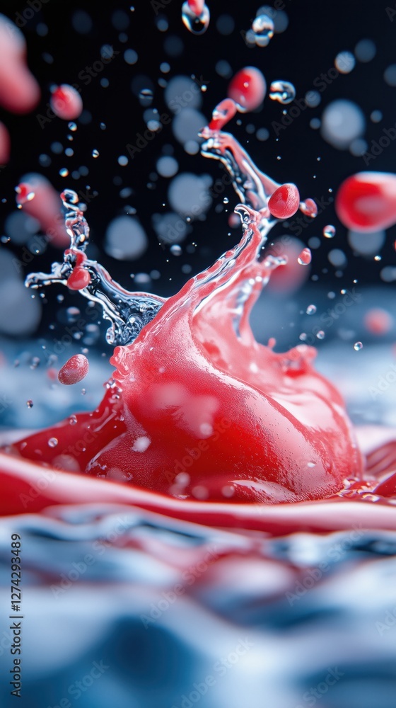 Poster vibrant splash of red liquid creating dynamic shapes against a dark background