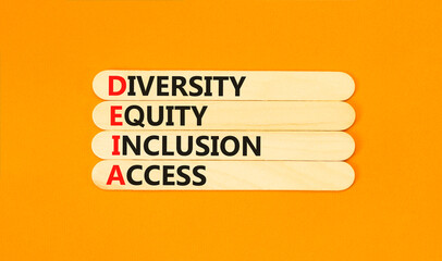 Diversity equity inclusion access symbol. Concept words DEIA diversity equity inclusion access on sticks. Beautiful orange background. Business diversity equity inclusion access concept. Copy space.