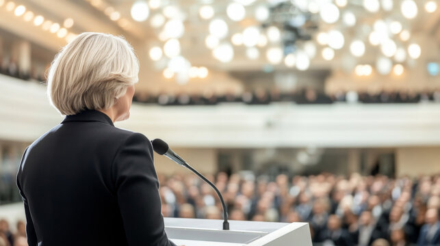 Mature woman speaking at public event with audience in background