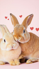 Obraz premium Two cute rabbits with hearts on pink background, St Valentines Day or Easter postcard