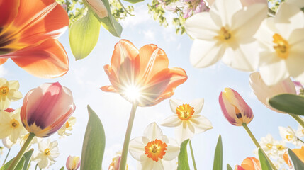 Tulip and daffodil flowers in sunny field with blue sky background, spring season