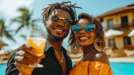 Young couple enjoying tropical drinks by the poolside in sunny beach resort