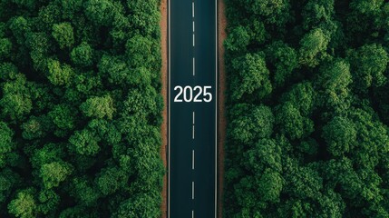 Aerial view of a road cutting through a lush forest, with "2025" marked on the pavement, symbolizing a journey or future destination.