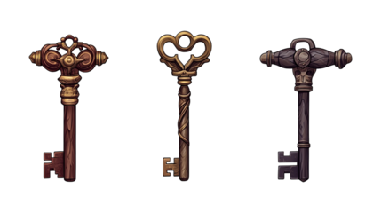 Set of old keys, isolated on a transparent background.