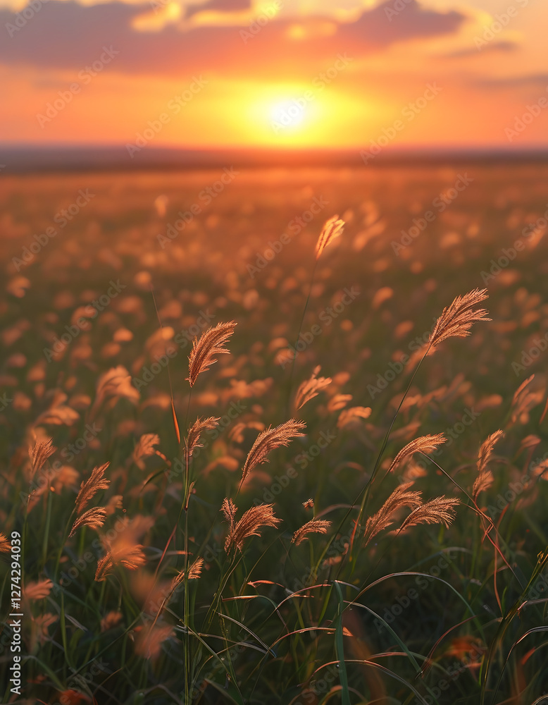 Wall mural Sunset over a field of grass