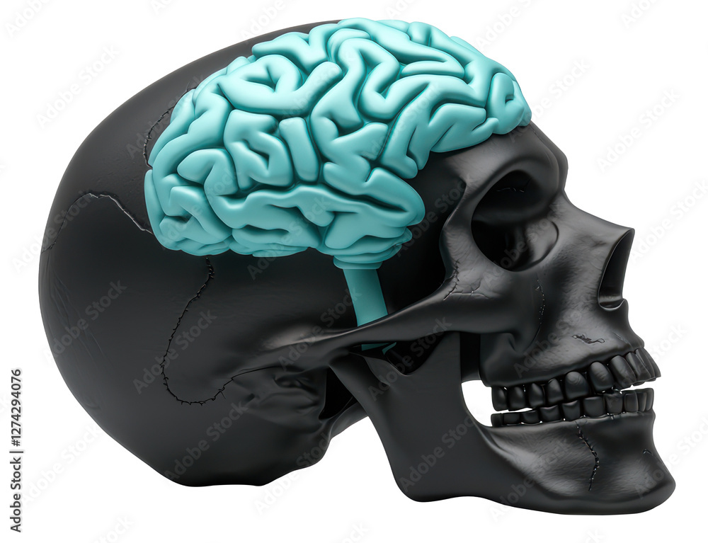 Poster a detailed skull model with a vivid blue brain structure positioned atop it, showcasing the connecti