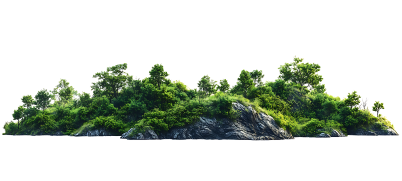 Mountain range with green plants on transparent background. high resolution PNG file