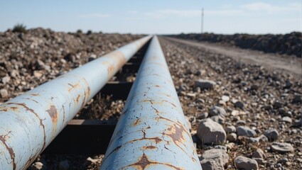 Rusty steel oil pipeline winding through rocky terrain under clear sky