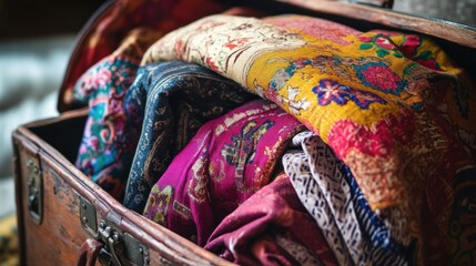 Vintage wooden chest overflowing with colorful textiles.