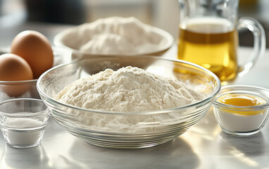 Baking Essentials on Kitchen Counter with Flour Eggs and Oil in Sunlit Setting