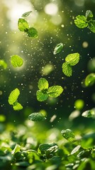 Falling mint leaves, sunlit garden