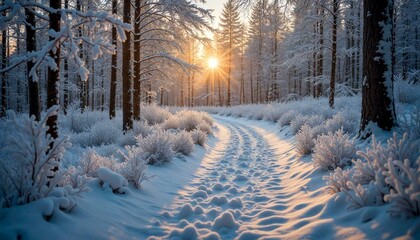 Sunset Gleams Through Snowy Forest Trees