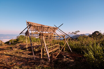 A rustic bamboo shelter with a thatched roof stands in a grassy field, surrounded by lush greenery...